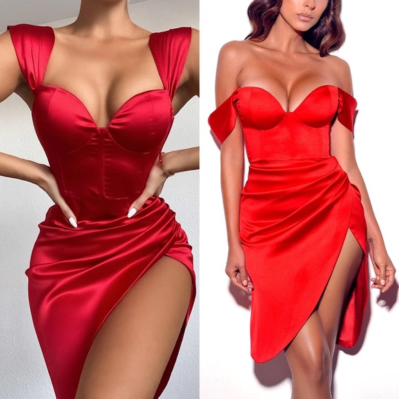 Miss Circle Dresses & Skirts - Miss Circle Red Satin off shoulder wrap Corset midi formal mini / knee Dress
